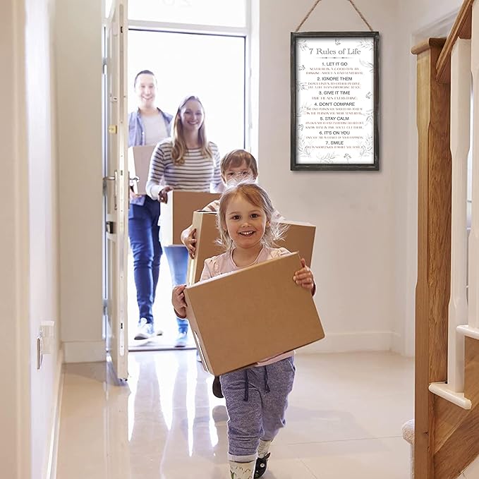 Positive 7 Rules of Life Wall Decor Sign - Affirmation Inspirational Life Attitude Plaque in Solid Wood 16x9.5 Inches Vertical - Motivational Framed Signs for Living Room