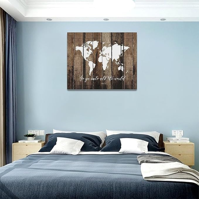 Large World Map Wall Art Rustic World Map Pictures Wall Decor Go Ye Into All The World and Preach The Gospel Canvas Painting Print Home Artwork Framed for Living Room Bathroom Master Bedroom 20"x16"