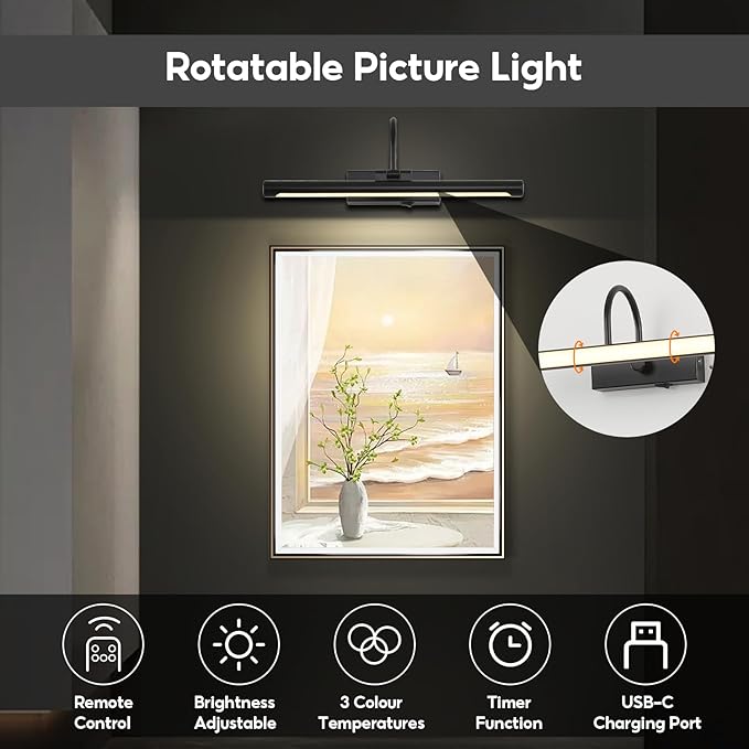 24" Picture Lights for Wall Battery Operated with Remote and Timer, Wireless Art Lights for Paintings, Rechargeable Wall Sconce, Dimmable Lighting for Canvas, Gallery Artwork, Portraits, Black
