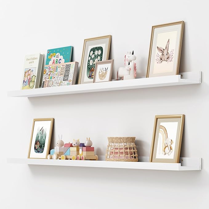 Picture Ledge Shelf, Floating Shelves Set of 2, Solid Pine Wood 55'' Long Large Nursery Book Shelves for Toys Storage, Kids Bookshelf for Living Room Bedroom Decor Books Photo Frames, White
