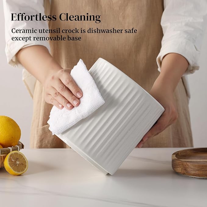 DOWAN 360° Rotating Extra Large Cooking Utensil Holder, 7.6" Kitchen Utensil Holder for Countertop, Utensil Crock for Farmhouse Kitchen Decor, Ceramic Stable Utensil Caddy, White Stripes