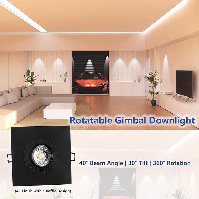 Canless Recessed Gimbal Downlight Rotatable-Spotlight 5 CCT 4 Inch Eyeball Ceilling Potlight, Dimmable Lights Fixture with Junction Box, 8W CCT Adjustable, Black Square Trim, with Baffle, 6P