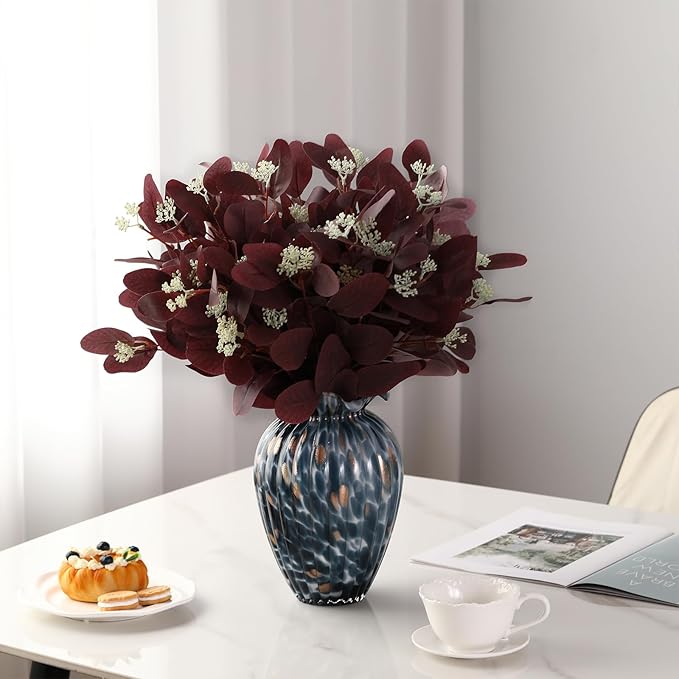 20 Pcs Fall Artificial Eucalyptus Stems 20" Burgundy Silk Fake Eucalyptus Leaves with Berries Fresh Dried Fall Greenery Stems Burgundy Plant Arrangement for Autumn Wedding Vase Table Centerpiece Decor