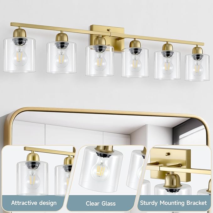 6 Light Gold Bathroom Vanity Light, Gold Vanity Lights for Bathroom with Clear Glass, 38 inch Wall Lamp for Oversized Mirrors Living Room Bedroom Hallway E26 Base