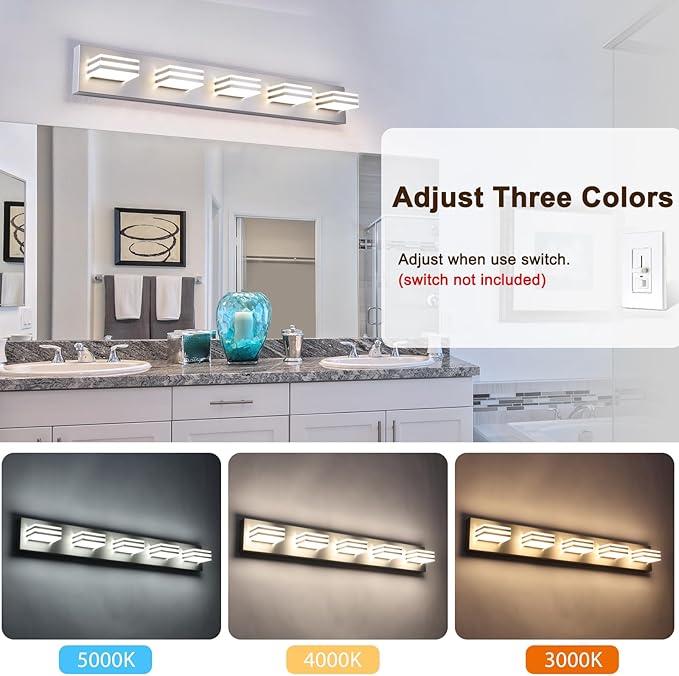 LED Wall Brushed Nickel Vanity Lights for Bathroom Light Fixtures 30W Adjust 3 Colors Modern Bath Lighing Over Mirror LED Vanity Light (5-Light,34inch)