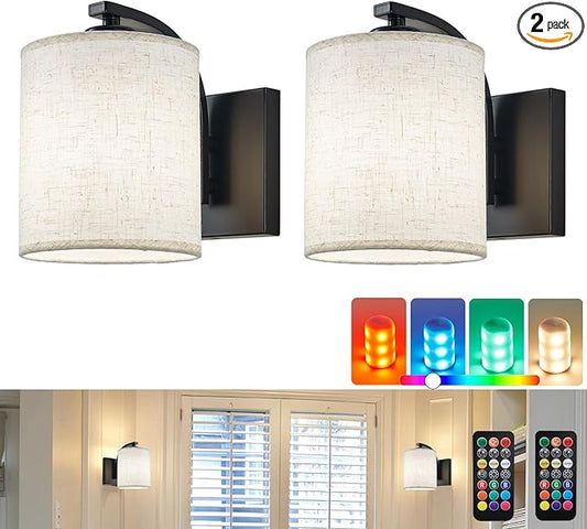Battery Operated Wall Sconce Set of 2, Black Cordless Rechargeable Wall Sconces with Dimmable LED Bulb, 13 Colors Wall Lights for Bedroom Living Room Hallway