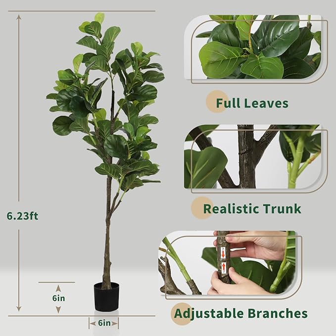 Faux Fiddle Leaf Fig Tree 6ft(72in) Artificial Floor Plant for Indoor Decor Realistic Potted Tree with Texture Silk Leaves and Natural Wood Trunk for Home Living Room,Office Perfect Housewarming Gift
