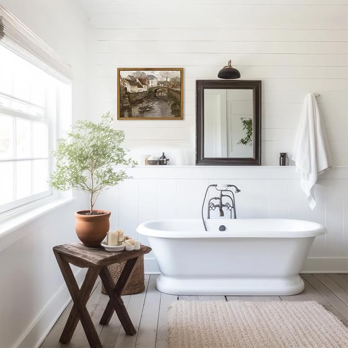 KBKBART Vintage Wall Art, Retro European Village Country Framed Canvas Art Prints Painting Farmhouse Decor, Rustic Impressionism Scenic Landscape Wall Decor for Bathroom, Bedroom Living Room, Vintage