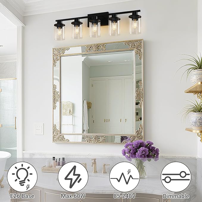 LOUSACE 5 Light Bathroom Vanity Light, Matte Black Bathroom Light Fixtures, Modern Bathroom Lights Over Mirror with Clear Glass Shade, Wall Sconce Lighting for Bedroom Living Room