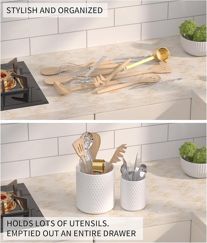 2 Pack Ceramic Utensil Caddy, Large Spatula Holder, Farmhouse Kitchen Decor for Silverware Spoon Crocks