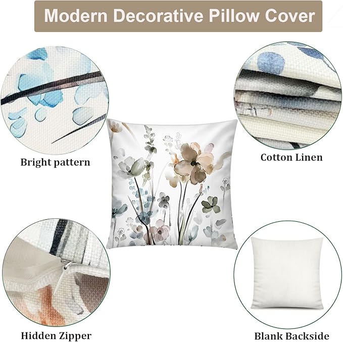 Brown Grey Floral Pillow Cover 16x16 Set of 6 Watercolor Throw Pillow Covers Square Cushion Covers for Couch Sofa Living Room Home Decor