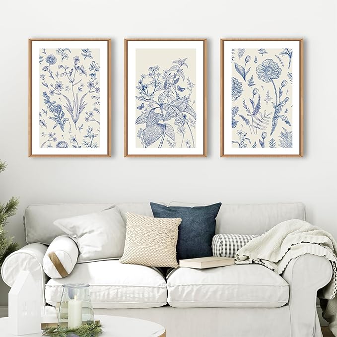 KAIRNE Blue and White Floral Wall Art Set of 3, 24x36Inch Chinoiserie Framed Canvas Art Prints, Navy Watercolor Botanical Flower Painting, Wildflower Decor for Living Room, Bedroom, Bathroom, Home