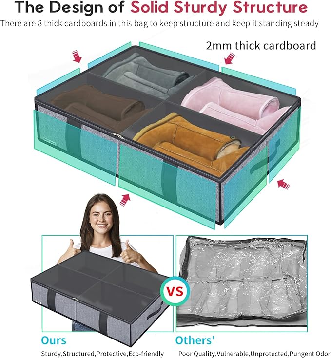 Onlyeasy Under Bed Shoe Storage Organizers for Kids and Adults Fit 14 Pairs of Shoes & 4 Pairs of Boots, Sturdy Underbed Organizer with 2 Strong Zippers and 4 Handles, Linen-like Grey, MXDUBS14S4