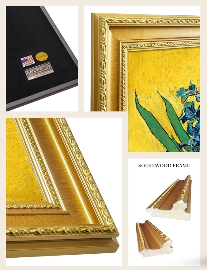 DECORARTS - Vincent van Gogh's Irises in a Vase, Museum-Quality Giclee Canvas Print in Gold Solid Wood Frame, 34.75 x 28.75 in, Ready to Hang, Made in USA