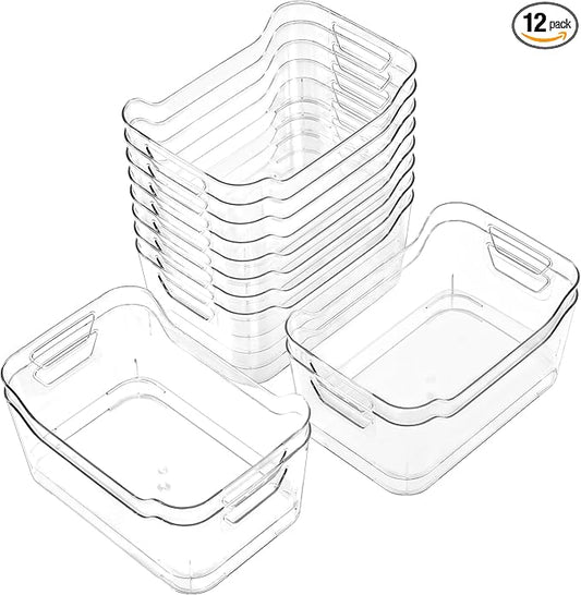 Clear Plastic Storage Bins,12 Pack Pantry Organizers and Storage, Clear Pantry Organizer Bins, Plastic Containers with Handle for Kitchen,Freezer,Cabinet,Closet,Bathroom Under Sink Storage