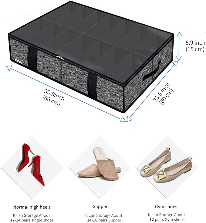 Onlyeasy 2 Pack Under Bed Shoe Storage Organizers with Handles & Clear window (Fit 14 +14 Pairs), Sturdy Underbed Box Organizer Shoe Storage Bags for Kids & Adults, Linen-like Black, MXAUBS14S14