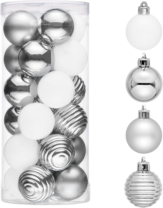 Valery Madelyn 1.57 Inches Small Christmas Tree Decorations Ornament Set for 4th of July Fall Halloween, 24ct White and Silver Shatterproof Hanging Ball Ornaments Holiday Party Decor