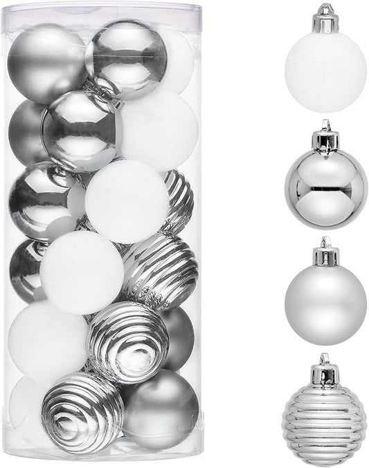 Valery Madelyn 1.57 Inches Small Christmas Tree Decorations Ornament Set for 4th of July Fall Halloween, 24ct White and Silver Shatterproof Hanging Ball Ornaments Holiday Party Decor