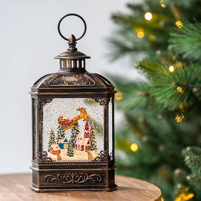 Christmas Snow Globe Swirling Glittering Lantern Santa Flying with Reindeer, USB Lined/Battery Operated Lighted Water Lantern for Christmas Festival Decoration Gifts