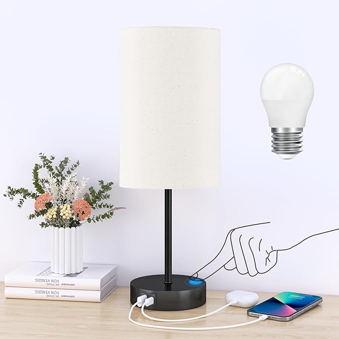 AKASUKI 18Inch Table Lamp with Dual Charging Station, 3 Way Dimmable Touch Lamp for Bedroom, Living Room, Office(LED Bulb Included)