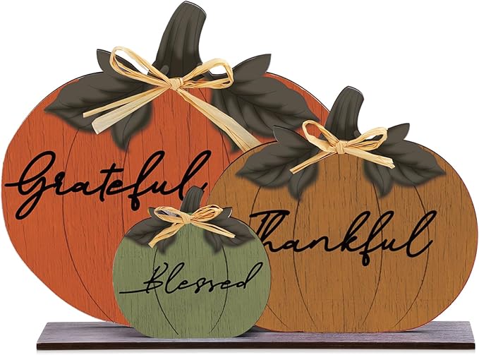 Soaoo Fall Pumpkin Table Decorations Wooden Thankful Blessed Centerpiece Autumn Grateful Tabletop Decor Farmhouse Harvest Pumpkin Block Signs for Party Rustic Table Shelf Decor Home(Classic)