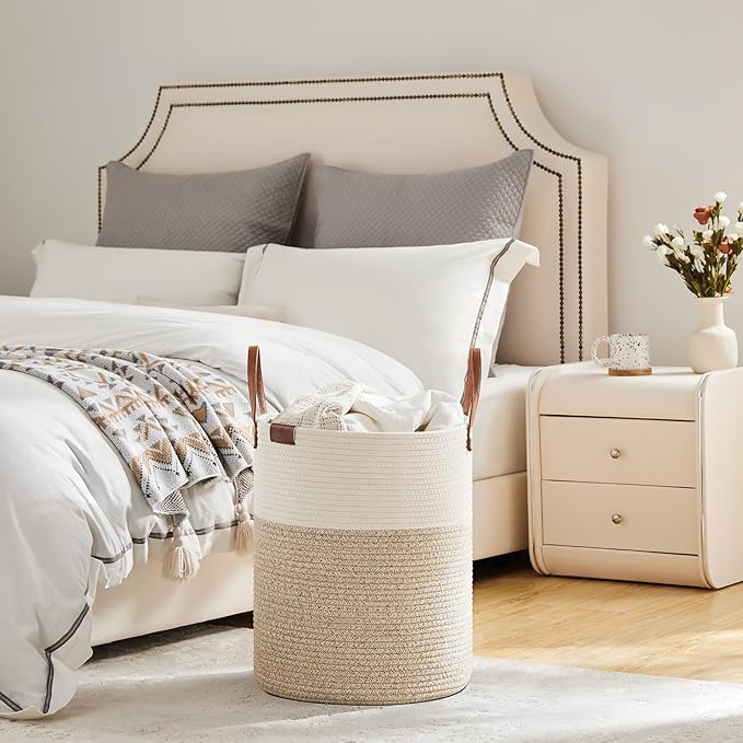 VIPOSCO Tall Laundry Basket, Large Dirty Clothes Hamper with Leather Handle, Woven Rope Storage Basket for Blanket, Toy In Living Room, Bathroom, Bedroom - 53L White & Brown