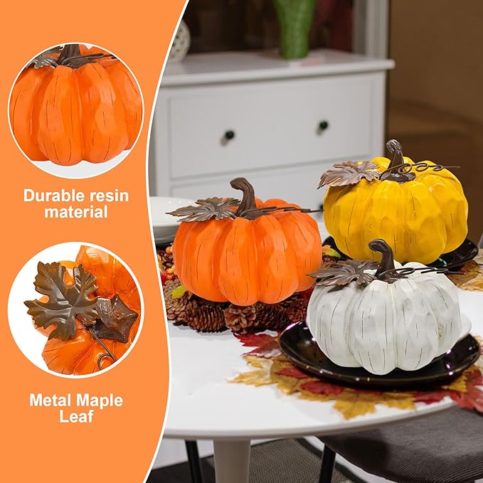 Fall Pumpkin Decor, 6 Inch Resin Pumpkins Set of 3 with Metal Maple Leaf, Artificial Pumpkins for Fall Decor,Thanksgiving Table Decorations, Farmhouse, Mantel,Centerpiece Table Decorations