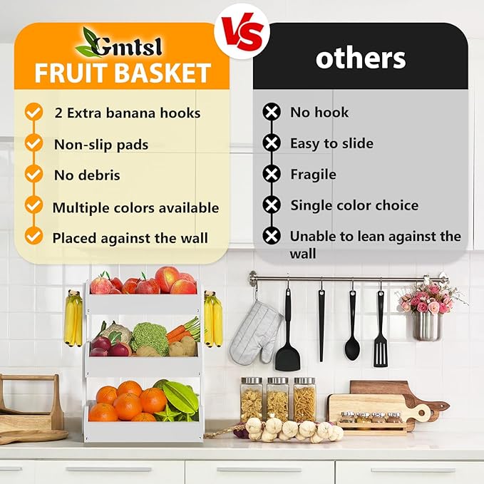 Bamboo Fruit Basket for Kitchen– 3 Tier Fruit Bowl For Kitchen Counter, Large Fruit Holder With Banana Hangers, Idea For Vegetable Storage, Bread Display, Snack Organizer(White)