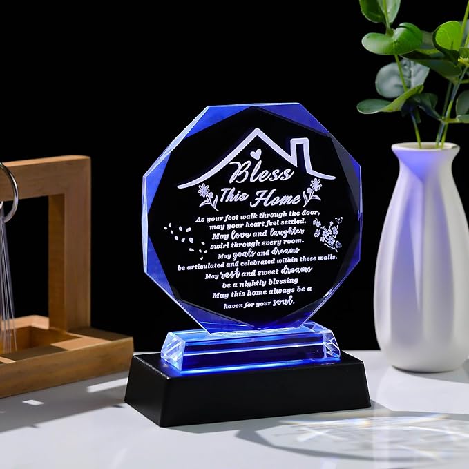 House Warming Gifts New Home Crystal Plaque with Colorful Base Bless This Home Decor HouseWarming New House Present For Family, Couple, Women Keepsakes Decor