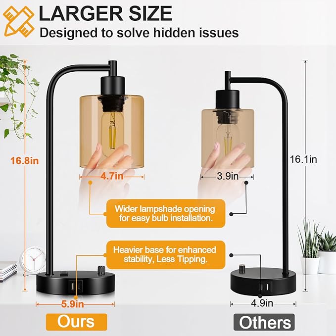 Lynnoland Set of 2 Industrial Table Lamps with 2 USB Port, Black Nightstand Desk Lamps with Amber Glass Shade for Reading Living Room Office 2 LED Bulb