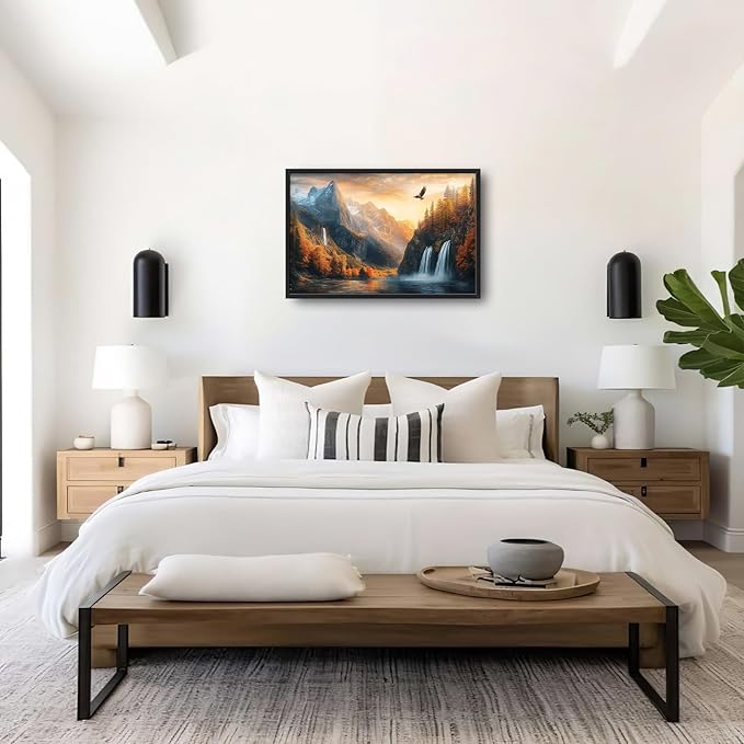 Framed Large Wall Art for Living Room, Mountain Waterfall Canvas Wall Decor, Sunset Forest Tree Pictures Painting, Modern Artwork for Bedroom Office 36L'' × 24W''