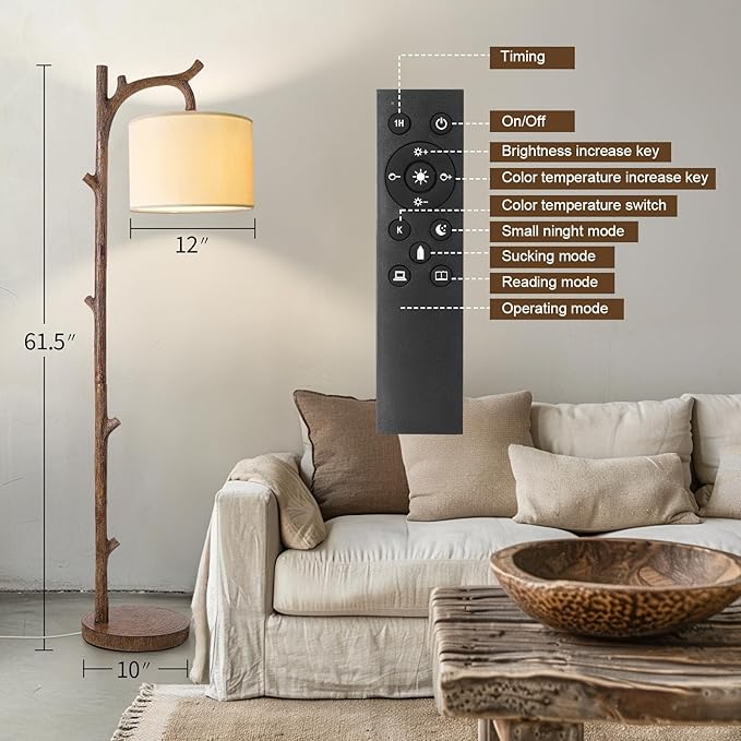OYEARS Retro Farmhouse Floor Lamp for Living Room with Remote Rustic Standing Lamps Tree Trunk Deco Modern Country Vintage Wood Floor Lamp（Brown,Bulb Included）