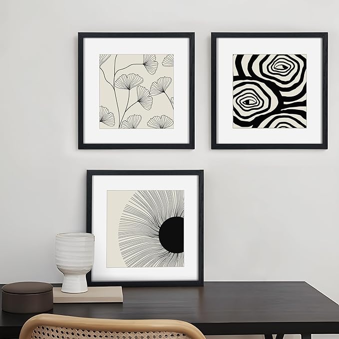 12x12 Picture Frame in Black, Square 12 x 12 Frame Set of 3, Natural Oak Wood Frame 12 by 12, 12x12 Frame with Mat of 8x8, 12"x12" Wood Frame with Tempered Glass, Wall Collage Frame 12 by 12