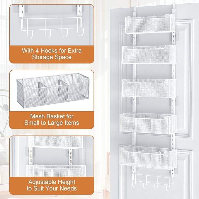 Over The Door Organizer, Metal Door Organizer Hanging with 5 Adjustable Baskets and Coat Hook, Behind The Door Storage for Bedroom Closet Bathroom Pantry Cabinet Kitchen, White