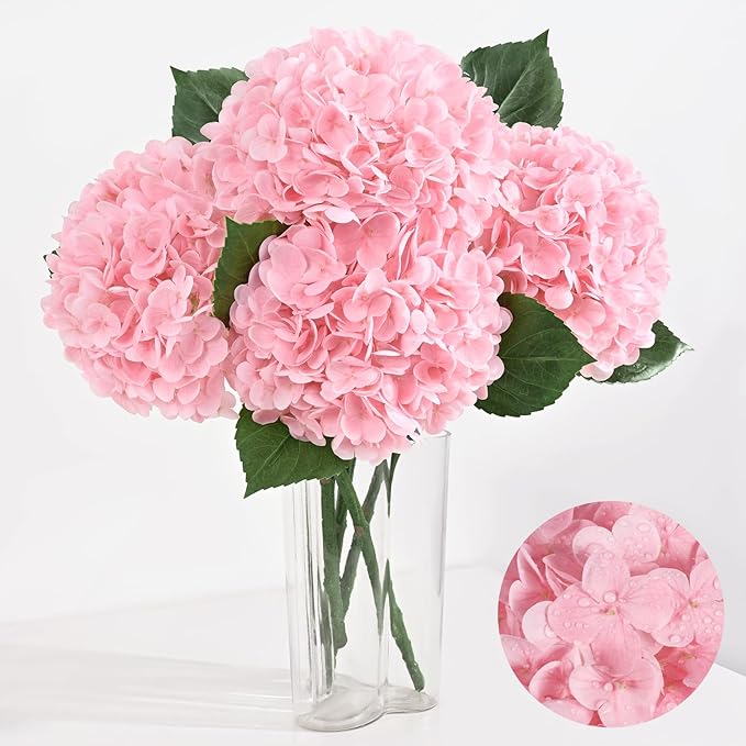 Artflower 4Pcs Real Touch Hydrangea Artificial Flowers, 22.5'' Pink Full Latex Faux Hydrangea Flowers for Home Floral Arrangements Wedding Bouquets Kitchen Table Centerpiece Decorations