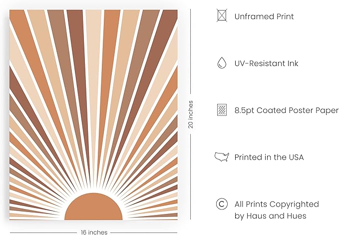 HAUS AND HUES Boho Art Prints Sun Wall Decor - Sun Art Print Boho Posters and Prints Wall Decor Rainbow Colored Sunshine Wall Art (Unframed, 16x20)
