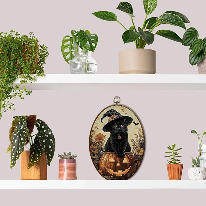 JQF Vintage Halloween Witchy Black Cat Oval Wall Art, Dark Academia Gothic Witch Pumpkin Oval Canvas Wall Art, Halloween Fall Framed Prints Hanging Decor for Home Bedroom Living Room, 8.5x11.5 Inch