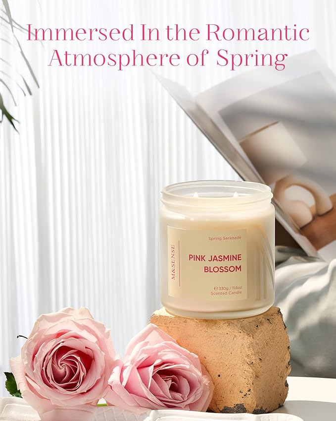 M&SENSE Pink Jasmine Rose Scented Candle - 11.6oz Natural Soy Wax 70-Hour Long Lasting Burn Time, 2-Wick Spring Non-Toxic Candle for Home Decor Flower Scent Gifts for Women Teacher