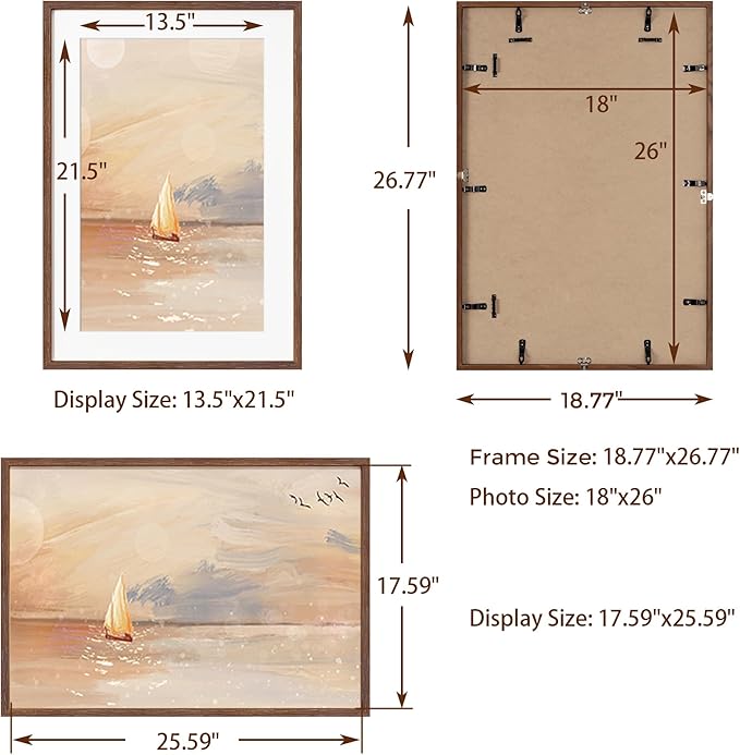 18x26 Picture Frame, Solid Oak Wood 18 x 26 Frame for Wall, 18x26 Walnut Poster Frame with Real Glass, 18x26 Matted frame for 14x22, 18"x26" Wood Frame for Home Decor (Walnut Color, 1 Pack)