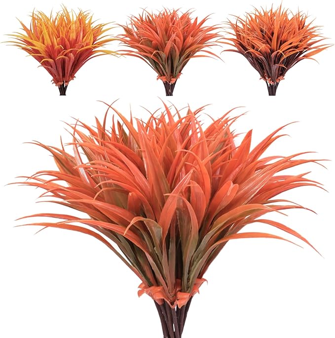 8 pcs Fall Artificial Flowers for Decoration, Fake Artificial Tall Grass Plants for Outdoors, Orange Faux Tropical Greenery Autumn Front Porch Patio Garden Outside Plastic Shrubs Bushes