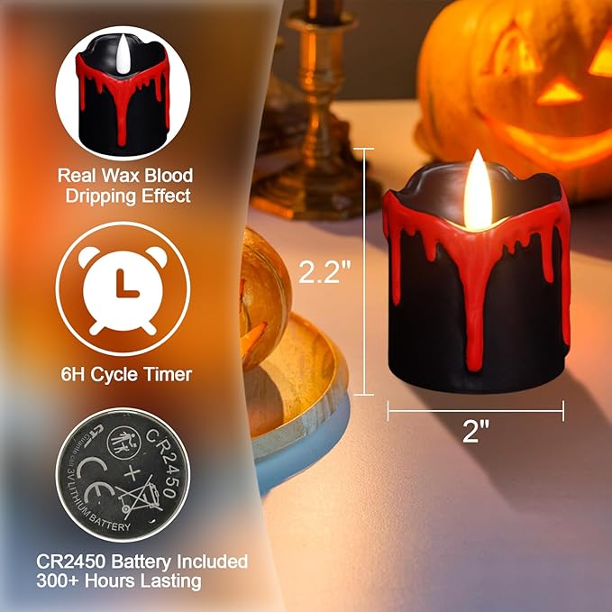 Eldnacele Black Votive Flameless Candles Battery Operated with Timer, 300+ Hour Blood Dripping Wax Tea Lights Flickering Electric LED Candles Fall Dinner Decor Spooky Halloween Lights(6Pcs,2"×2.2")