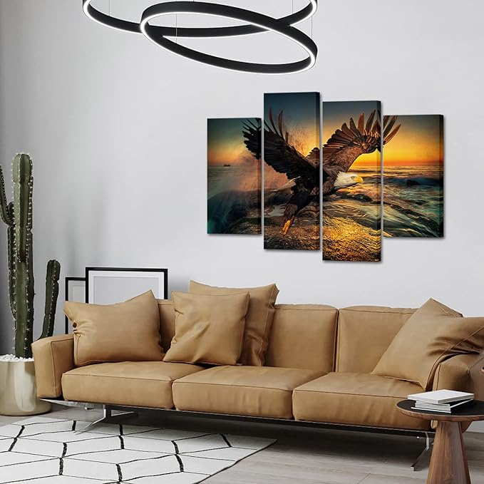 RnnJoile Bald Eagle Canvas Wall Art Flying Eagle Sunrise Pictures Prints Large Bird Above Sea Scenery Painting Artwork for Bedroom Living Room Decoration Framed