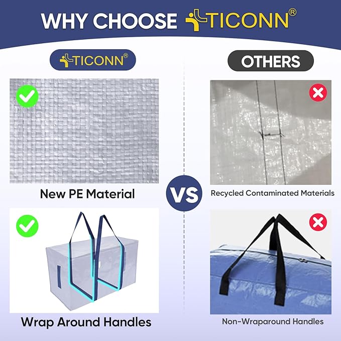 TICONN 6 Pack Extra Large Moving Bags with Zippers & Carrying Handles, Heavy-Duty Storage Tote Moving Boxes for Space Saving (6 Pack, Navy)