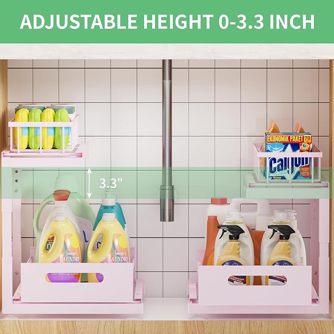 Under Sink Organizer Storage: Adjustable Height, 2 Tier L-Shaped Pull-Out Metal Shelf with Non-Slip Pads & Rust-Resistant Design Maximize Kitchen & Bathroom Cabinet Space