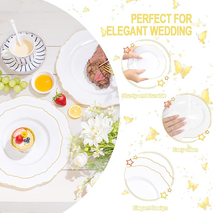 WDF 30Guest Gold Plastic Plates - High-end Baroque Design - 10.25&7.5in Wedding White and Gold Plates Disposable for Thanksgiving Parties/Wedding