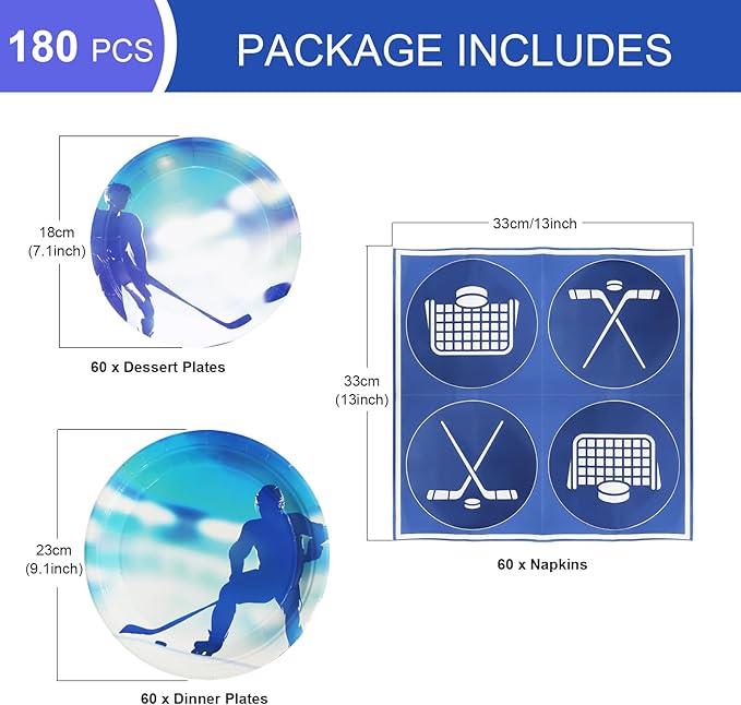 180Pcs Ice Hockey Party Supplies Paper Plates and Napkins Serve 60 Disposable Tableware Set for Birthday Party Decorations Game Day Family School Holiday Sports Events