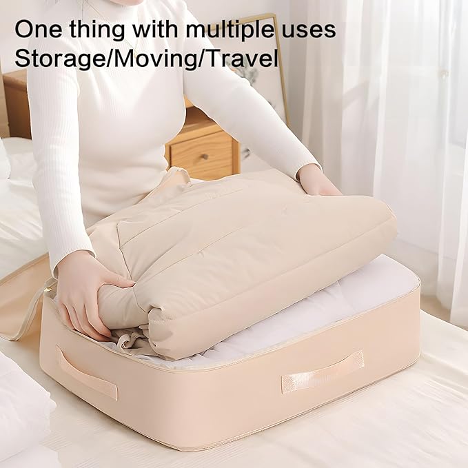 Atlodas Dustproof and Moisture-proof Compression Storage Bag, Ultra Space Saving Self Compression Organizer, Comforter Storage Bag, Folding Organizer bag for Bedding/Quilt, Space Saver (Beige, L)