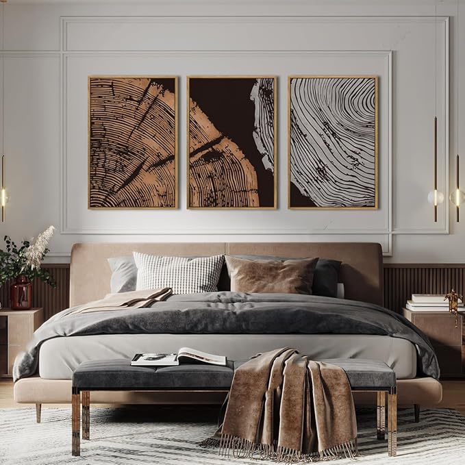 ANHUIB Tree Ring Wall Art 16x24 Inch Black Wall Painting Modern Wood Stump Wall Decor Neutral Minimalist Artprints Set of 3 for Living Room Bedroom Office