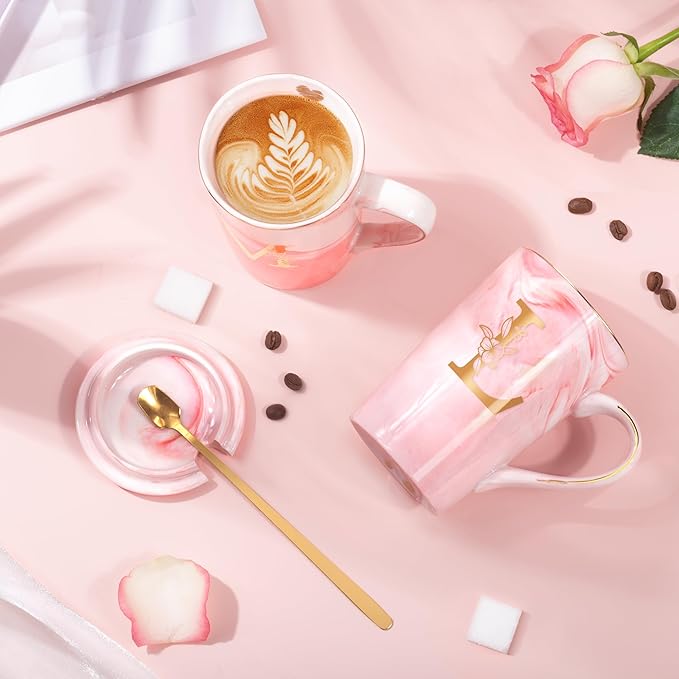 Coffee Mugs - Personalized Gifts for Women, Initial Customized Gift Ceramic Marble Cups 14 Oz Pink, Luxury Birthday Christmas Mother's Day Gift for Her Mom Grandma Girlfriend Friend Unique,L