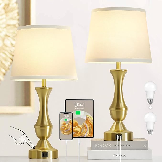 Luvkczc 22" Gold Table Lamps Set of 2 - Modern Luxury Bedside Lamps with White Fabric Shade, 3-Way Dimmable & Dual USB C+A Ports, Nightstand Lamps for Bedroom/Living Room (Bulb Included)